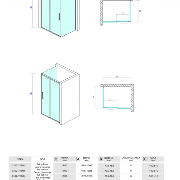 Tuš Kabina 100x80 NEPTUN - 8 mm staklo, Visina 195 cm