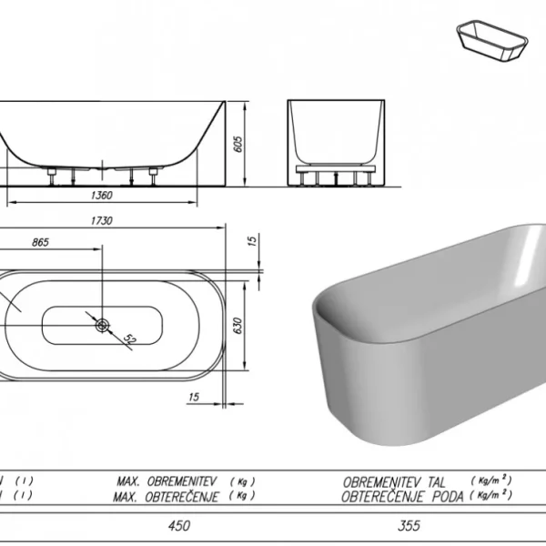 Kolpa San Kada 173x78 Pandora-FS Samostojeća Lux